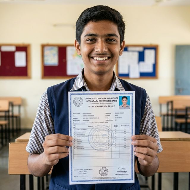 Indian high school student holding exam result smiling
